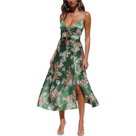 Green Floral Print Satin Tie Front A-Line Cami Dress Flowy Midi Party Dress - Picture 3 of 5